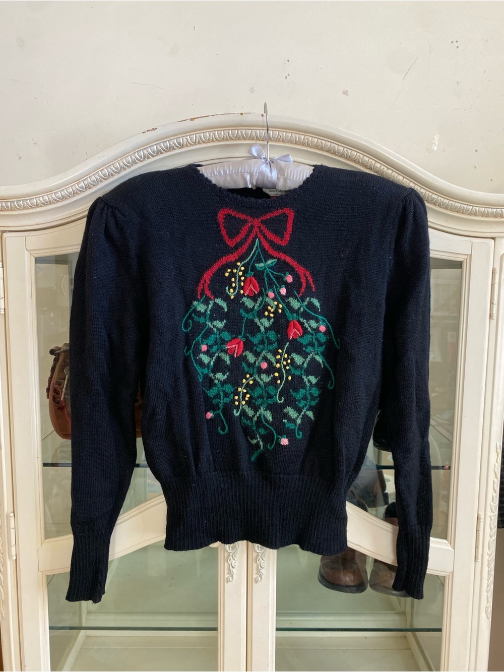 Susan Bristol Navy Crewneck Sweater with Red Bow and Green Floral